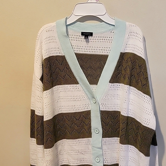 ❤️ NWOT! TALBOTS TIPPED POINTELLE COTTON LINEN V NECK STRIPE CARDIGAN, MEDIUM - Picture 3 of 7
